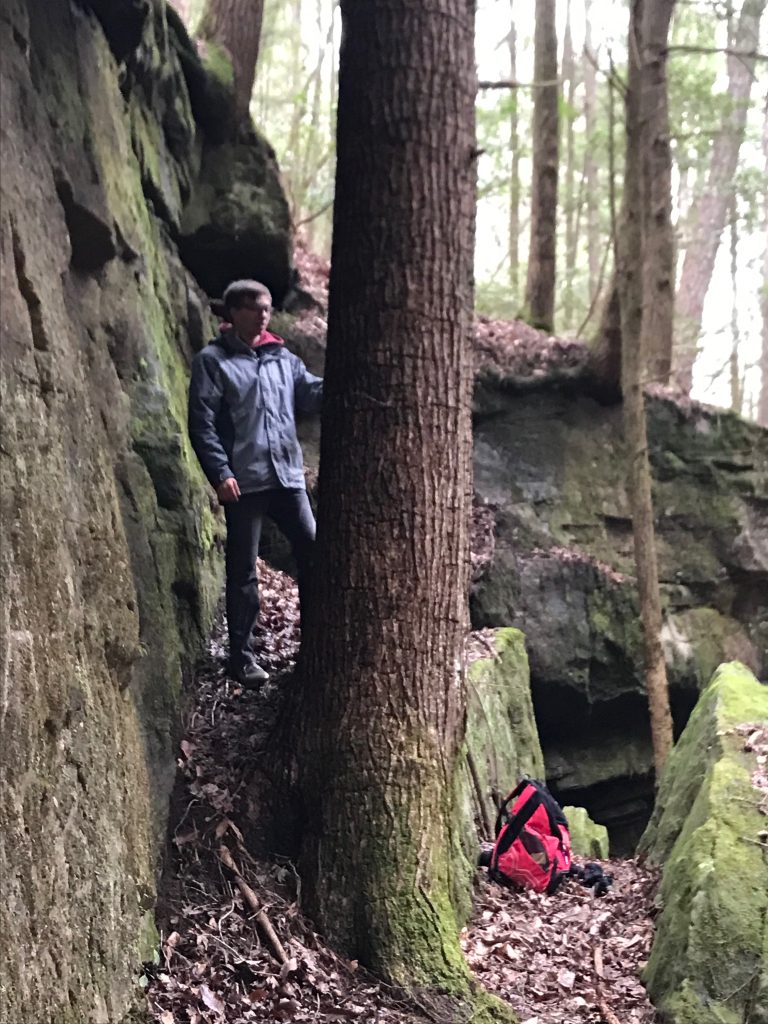 man stands next to hemlock tree growing in rocks